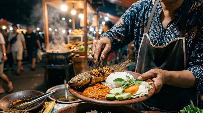 Authentic pecel lele served in traditional Indonesian street food setting. Suitable for culinary tourism, restaurant branding, and documentary projects.