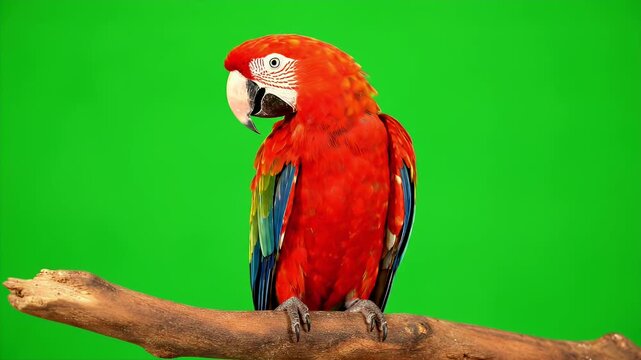 Red macaw parrot perching on branch against a green screen background in studio shot
