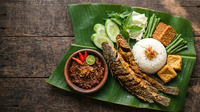 Overhead pecel lele meal with sambal and banana leaf styling. Perfect for Indonesian food promotions, restaurant menus, and tourism content.