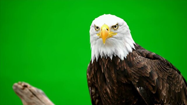 Bald eagle on green screen turning its head while perched on a branch in the studio.