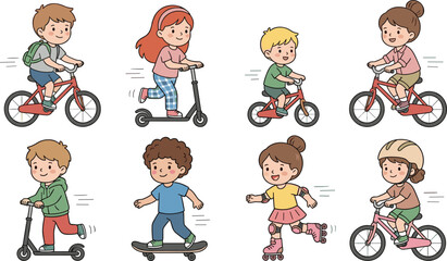 Kids Riding Bicycle, Scooter, Skateboard, and Roller Skates Cartoon Set for Outdoor Activities, Healthy Lifestyle, Childhood Fun, and Recreation Illustrations © MdSumon