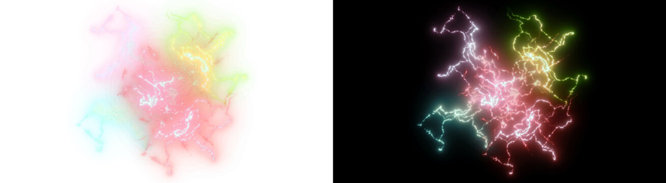 PNG image of Electric lightning bolt discharge, colorful plasma energy sparks, glowing neon static electricity strikes for science and technology design isolated on Transparent Background