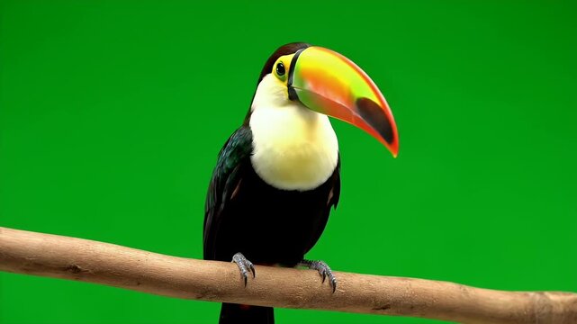 Toco toucan bird perched on a branch looking around against green screen backgrounds
