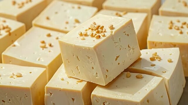 Fresh cubes of soft white bean curd topped with small seeds on a flat surface
