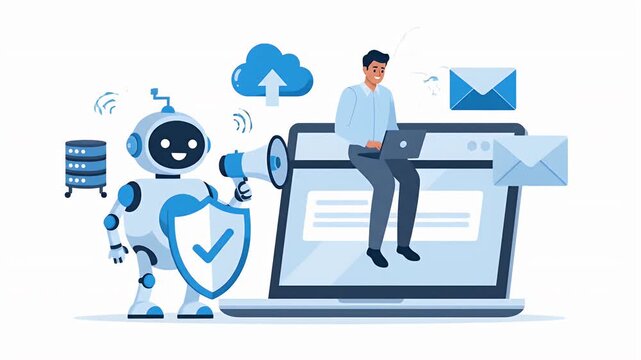 Cybersecurity ai assistant concept with robot holding a shield and man using laptop.