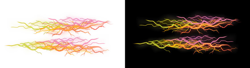 PNG image of Vibrant lightning bolt set with colorful electric discharge, glowing plasma energy streaks, neon thunderbolt effects for gaming and sci-fi design isolated on Transparent Background © TASNIMULHASSAN