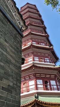 Vertical View of Pagoda, Buddhist Temple of the Six Banyan Trees in Guangzhou, China