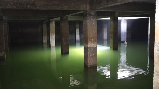 Underground Water Reservoir with Concrete Pillars and Submerged Lighting in Dark Industrial Tank.