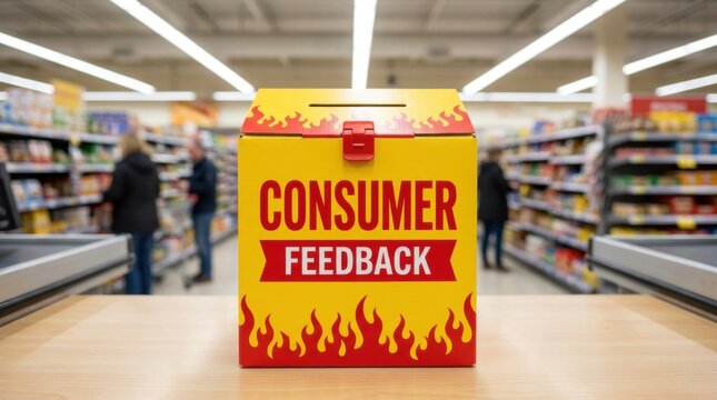 A yellow and red consumer feedback box on a store counter with shelves and shoppers in the background of a retail environment