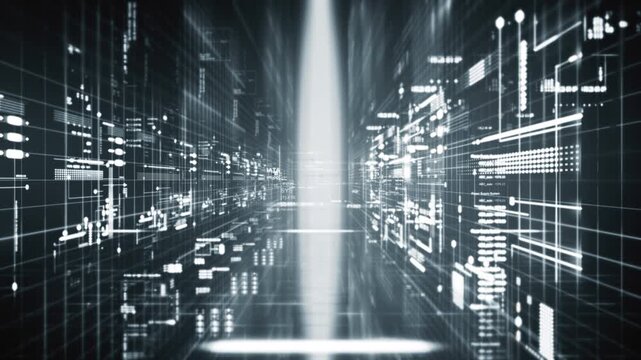 Futuristic 4K digital tunnel with glowing data streams and grid lines, ideal for technology, AI, innovation, cybersecurity, cloud computing, and digital transformation concepts.