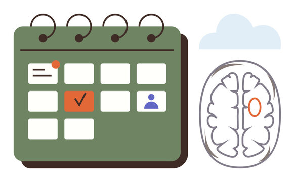 Mental health, productivity, time management, cognitive planning, goal setting, behavioral science. Image of a calendar alongside a brain illustration. Mental health and productivity concept