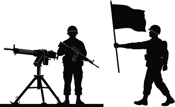 Military Silhouette Illustration with Soldier Operating Machine Gun and Flag Bearer Infantry Character
