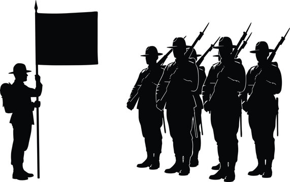 Military Parade Silhouette Illustration with Soldiers Marching, Flag Bearer, and Armed Infantry Formation