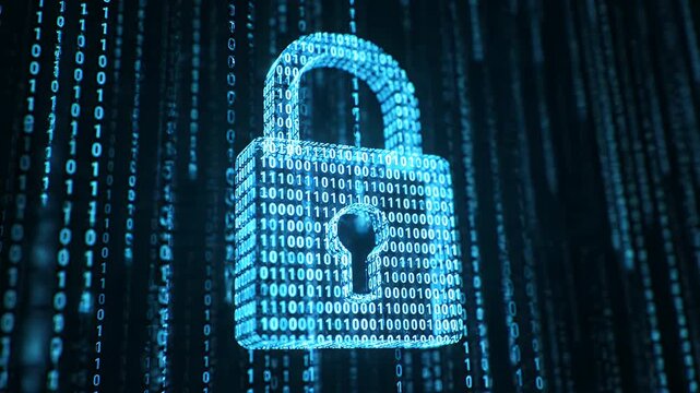 Digital security padlock symbol with binary code on a glowing blue matrix background