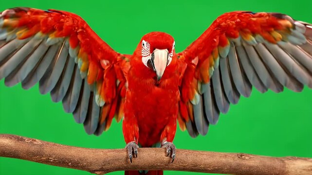 red macaw parrot spreading its colorful wings while perched on a branch green screen