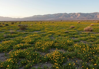 Fototapeta premium Yellow desert wildflowers blooming across a vast valley floor for nature editorial, national park tourism and environmental conservation background during a rare superbloom
