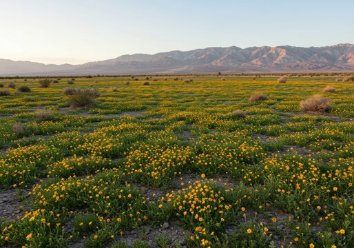 Yellow desert wildflowers blooming across a vast valley floor for nature editorial, national park tourism and environmental conservation background during a rare superbloom