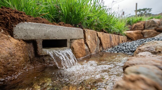 Concrete drainage outlet with water flowing into a stone-lined garden channel