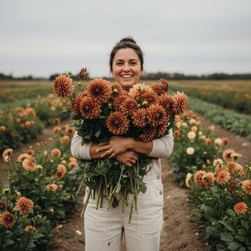 Large armful of fresh dahlia flowers held by a smiling woman at a rural flower farm for sustainable agriculture, floral business marketing and autumn harvest promotion