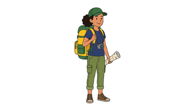 Young traveler with backpack camera and map ready for adventure isolated on white background flat 2D vector illustration