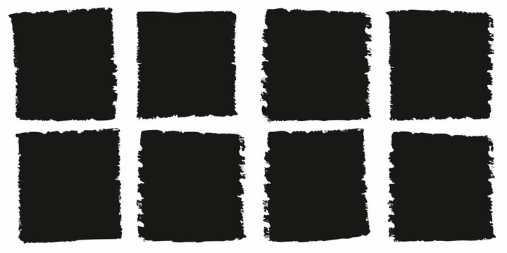 black rectangle shapes a grid of rough edged silhouettes on white