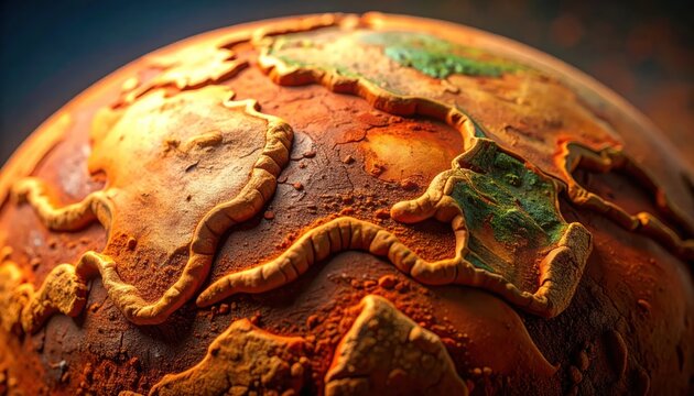 Close-up view of a textured, arid planet surface resembling Earth.
