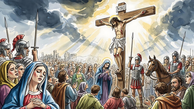 Artistic watercolor illustration depicting the biblical crucifixion of Jesus Christ on the cross at Golgotha with a mourning crowd gathered under a dramatic stormy sky in Jerusalem.