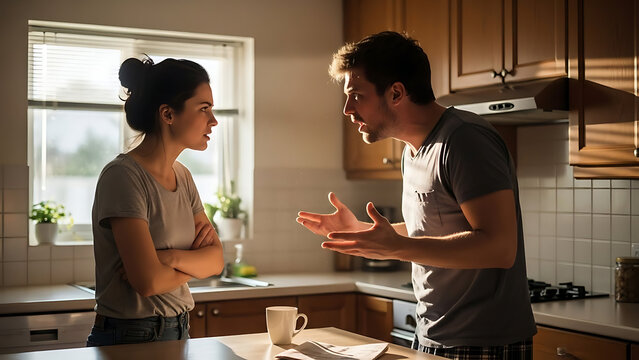 Youthful couple having an intense conflict and dispute inside a kitchen during morning as sunlight illuminates their angry facial expression and tension.