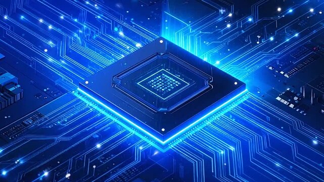 A glowing central processing unit on a dark blue electronic circuit board