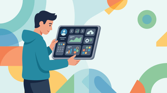 Young User Holding Tablet With Abstract Analytics Dashboard