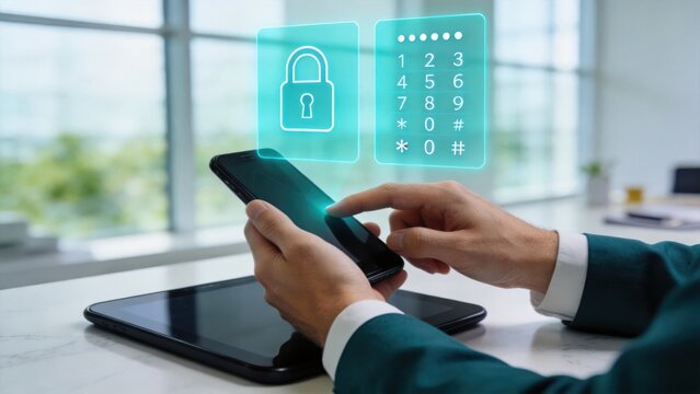 Hands unlocking smartphone with holographic keypad and lock icon demonstrating mobile authentication and biometric security features for personal device protection access.