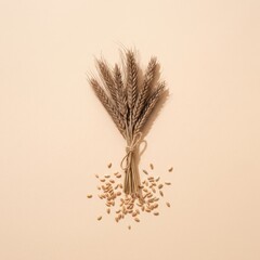 Obraz premium Bundle of dried wheat ears and scattered grain seeds on a pale peach background for organic food branding, agricultural product marketing and bakery design with copy space