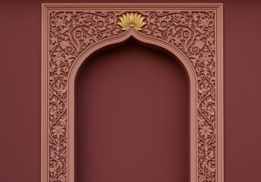 Traditional Indian arched doorway frame in muted rose pink with golden lotus motif and floral carvings for wedding invitations, cultural celebrations and copy space