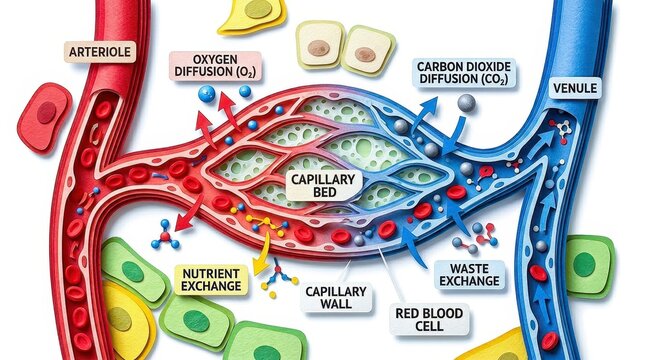 Capillary exchange illustration shows intricate process of nutrient and gas exchange capillary bed. Oxygen and carbon dioxide diffusion occurs through capillary wall, highlighting vital role