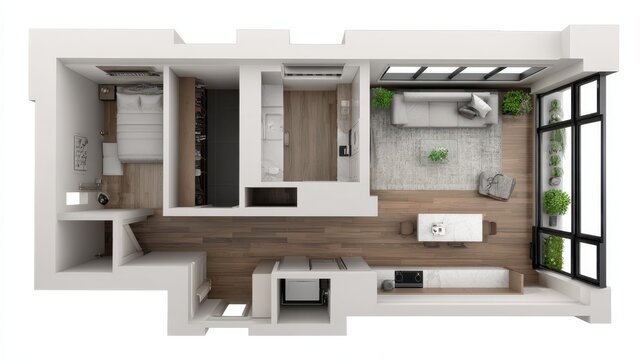 3D top-down floor plan of a modern small apartment with furniture isolated on white background
