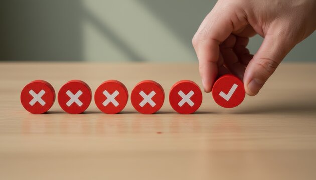 Persons hand placing a red check mark token over cross symbols on a table for leadership training, business decision making and problem solving concepts