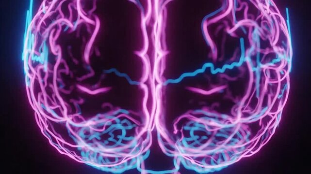A glowing digital human brain model with neon light pulses on a dark background