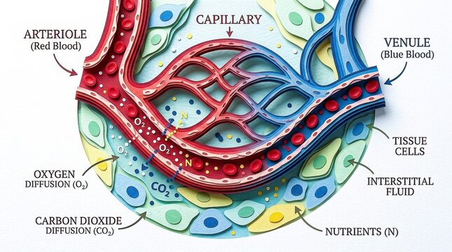 Capillary exchange illustration shows intricate network of blood vessels, highlighting flow of oxygen, carbon dioxide, and nutrients. This detailed representation emphasizes vital process