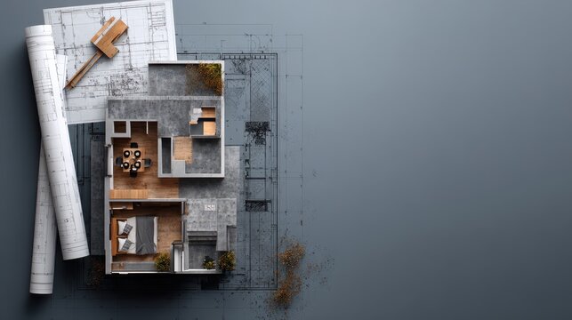 Architectural blueprint and 3D building model of a modern apartment plan on a grey background, with construction tools.