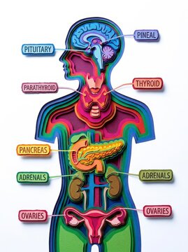 Image showcases colorful layered representation of human endocrine system highlighting various glands such as pituitary pineal parathyroid thyroid pancreas adrenals and ovaries. This artistic