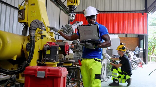 Industrial worker monitoring machinery operations factory floor digital media indoor environment focused viewpoint