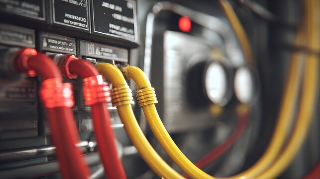 Close-up of industrial electrical wiring and cables connected to a technical control panel.