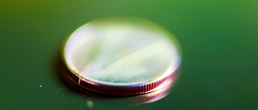 Mint green circular coin resting on a reflective surface for numismatic branding, award template designs and commemorative token concept with copy space for text