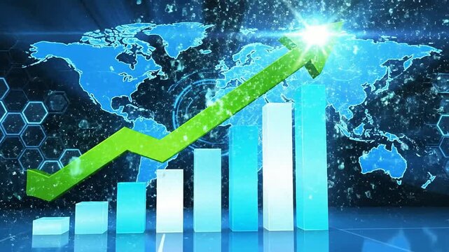 A growing green line graph rises on a bar chart in front of a world map.