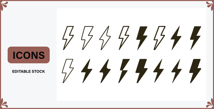 Collection of various lightning bolt icons in different styles and colors  editable stock graphics
