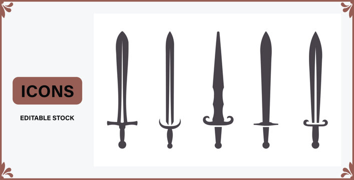Five medieval sword icons in different shapes and sizes on white background with brown frame  editable stock