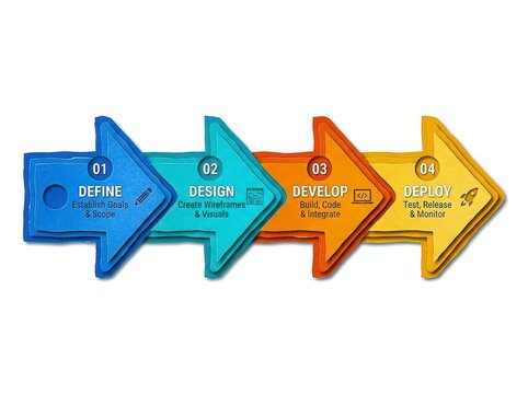 Define design develop deploy project management workflow process arrows visual representation planning strategy teamwork collaboration software development agile methodology creative process goals
