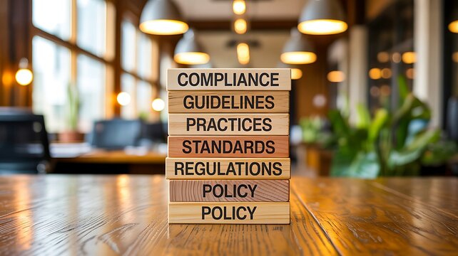 Compliance guidelines practices standards regulations policy text on wooden blocks business governance concept