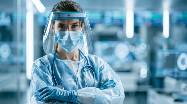 Confident female healthcare worker wearing full PPE face shield and mask in modern hospital environment, medical protection and infection prevention concept