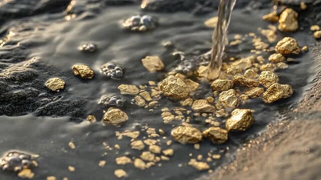 Clear water flows over small pieces of raw gold found in a dark riverbed